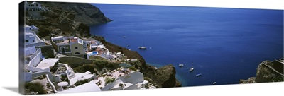 High angle view of a town at the waterfront, Oia, Santorini, Greece