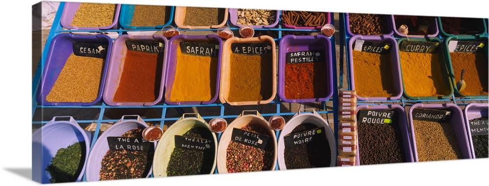 High angle view of assorted spices at a spice stall, Tataouine, Tunisia
