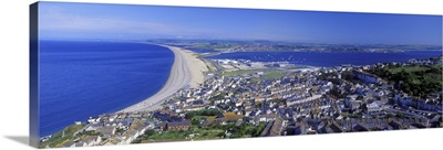 High angle view of buildings in a city, Chesil Beach, Portland, Isle of Portland, Dorset, England
