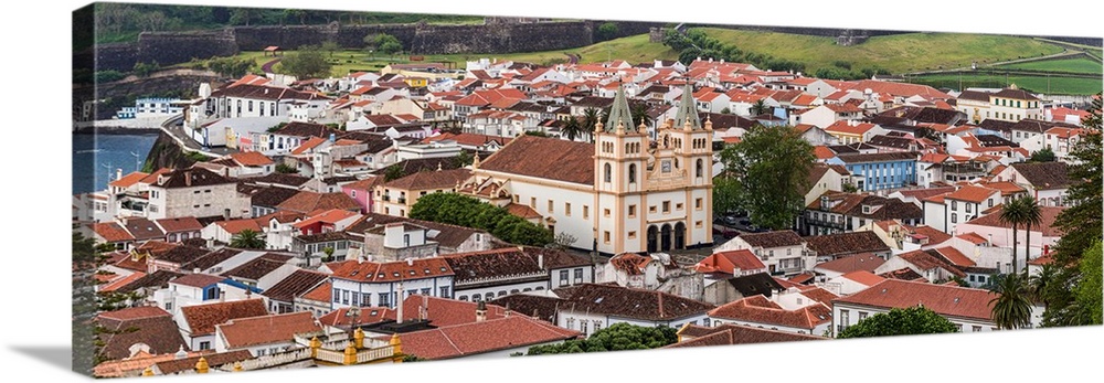 High angle view of cathedral in a city, Angra Do Heroismo, Terceira Island, Azores, Portugal
