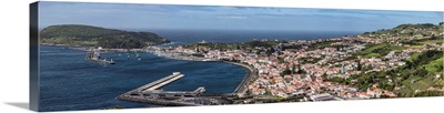 High angle view of cityscape on coast, Horta, Faial Island, Azores, Portugal