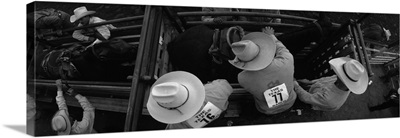 High angle view of cowboys with horses at rodeo, Wichita Falls, Texas