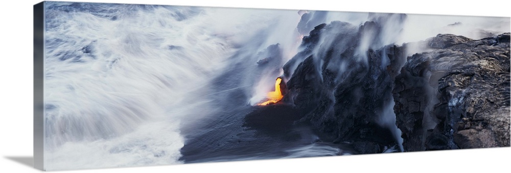 High angle view of lava flowing into the Pacific Ocean, Volcano National Park, Hawaii