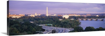 High angle view of monuments, Potomac River, Lincoln Memorial, Washington Monument, Capitol Building, Washington DC