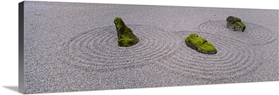 High angle view of moss on three stones in a Zen garden, Washington Park, Portland, Oregon