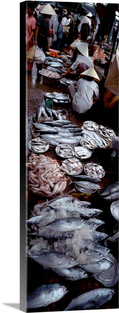 High angle view of people in a fish market, Hue, Vietnam