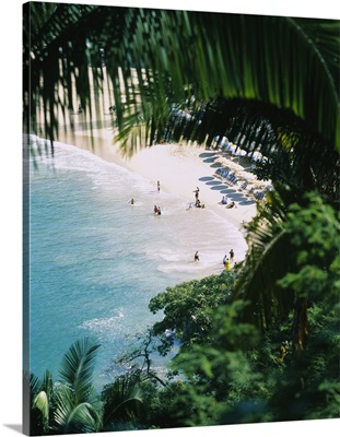 High angle view of tourists on the beach, Mismaloya Beach, Puerto Vallarta, Mexico