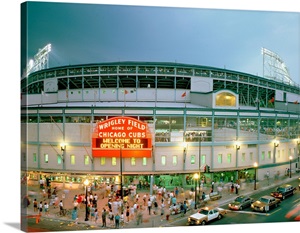 High angle view of tourists outside a baseball stadium opening night, Wrigley Field, Chicago, Illinois, 1998 image thumbnail