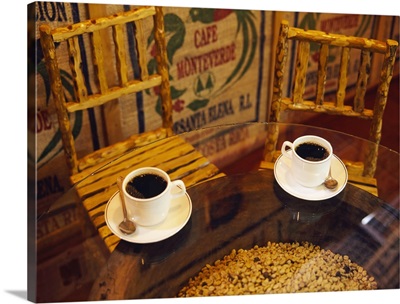 High angle view of two cups of coffee on a table in a coffee shop, Monteverde, Puntarenas, Costa Rica
