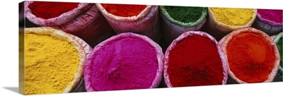High angle view of various powder paints, Braj, Mathura, Uttar Pradesh, India