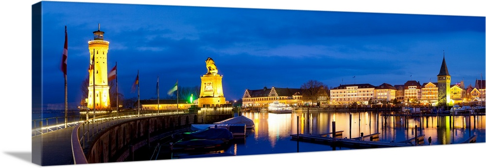 Historic Port at night, Lindau, Lake Constance, Swabia, Bavaria, Germany.