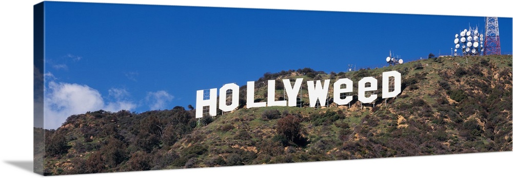 Hollywood Sign changed to Hollyweed, at Hollywood Hills, Los Angeles, California, USA