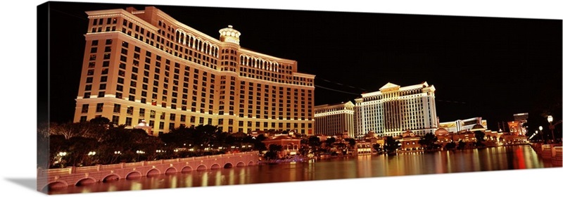 Hotel Lit Up at Night Bellagio Resort and Casino The Strip Las Vegas Nevada | Large Metal Wall Art Print | Great Big Canvas