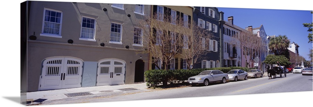 Houses and cars along a street, Rainbow Row, Battery Area, Charleston, South Carolina