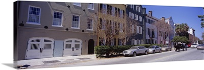 Houses and cars along a street, Rainbow Row, Battery Area, Charleston, South Carolina
