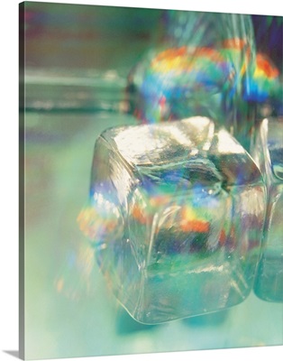 Ice cubes with colorful spectrum refraction