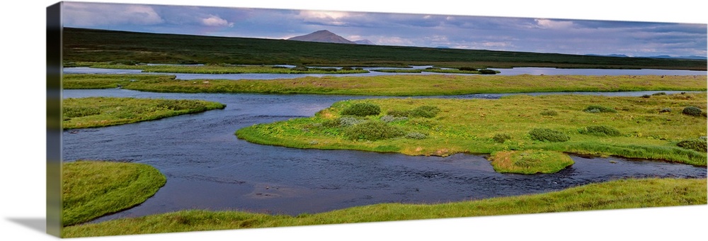 Iceland, Laxa River, Panoramic view of river flowing through a landscape