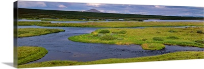 Iceland, Laxa River, Panoramic view of river flowing through a landscape