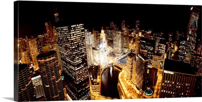 Illinois, Chicago, Chicago River, High angle view of the city at night