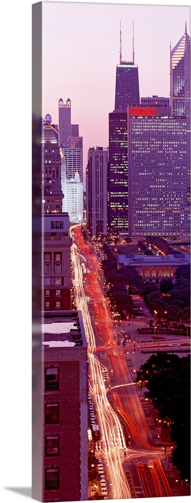 Illinois, Chicago, One Magnificent Mile, High angle view of an urban road at dusk