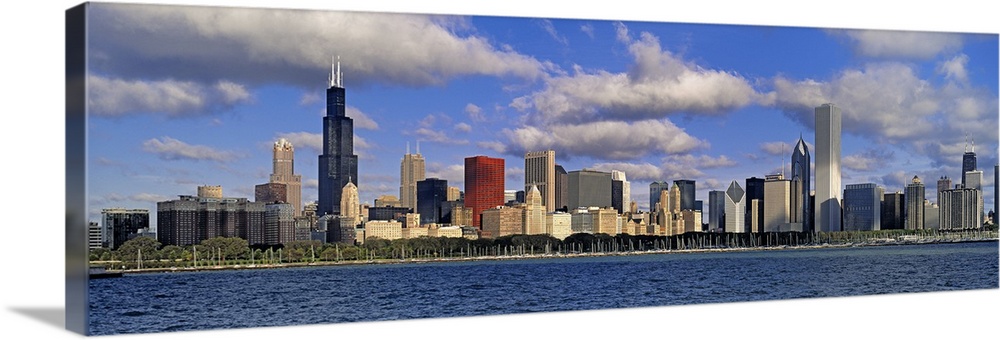Long panoramic photo print of the Chicago skyline during a bright day by the waterfront.
