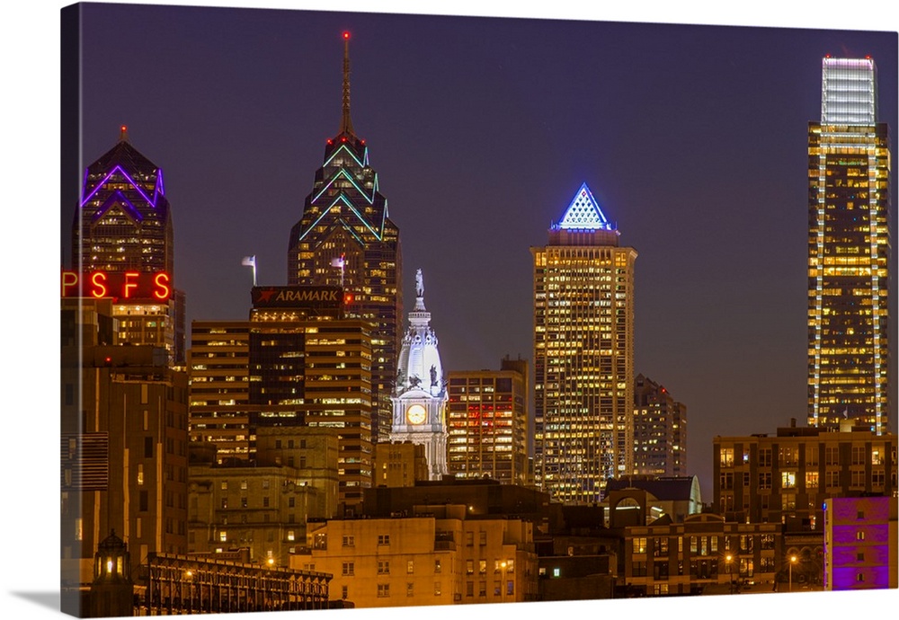 Illuminated cityscape at night, Philadelphia, Pennsylvania, USA.