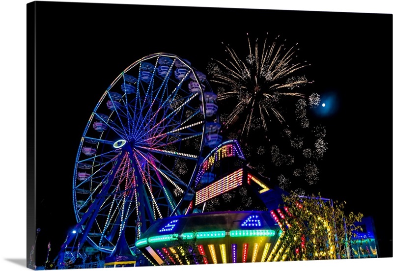 Illuminated Ferris Wheel, Fireworks At The Ventura County Fair, Ventura