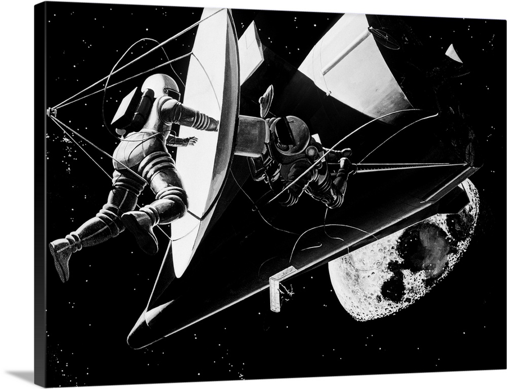 Illustration 1960s Weightless Astronauts Eva Extravehicular Activity Assembling Reflector For Space Station Science Sci-Fi...