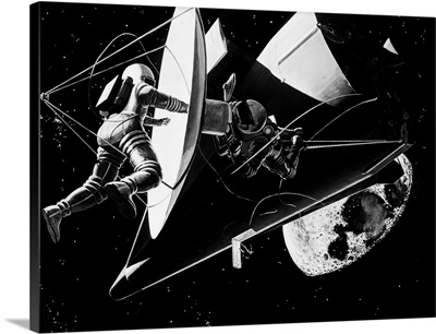 Illustration 1960s Weightless Astronauts Assembling Reflector For Space Station