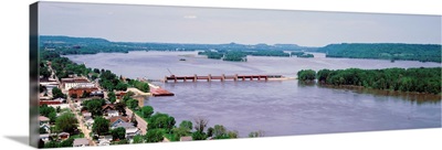 Iowa, Bellevue, Mississippi River, Aerial view of a dam over a river