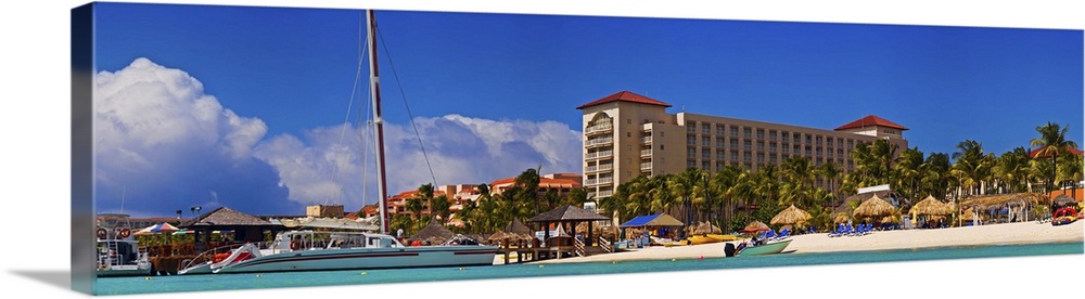 Island view with high-rise hotels at the coast, Aruba