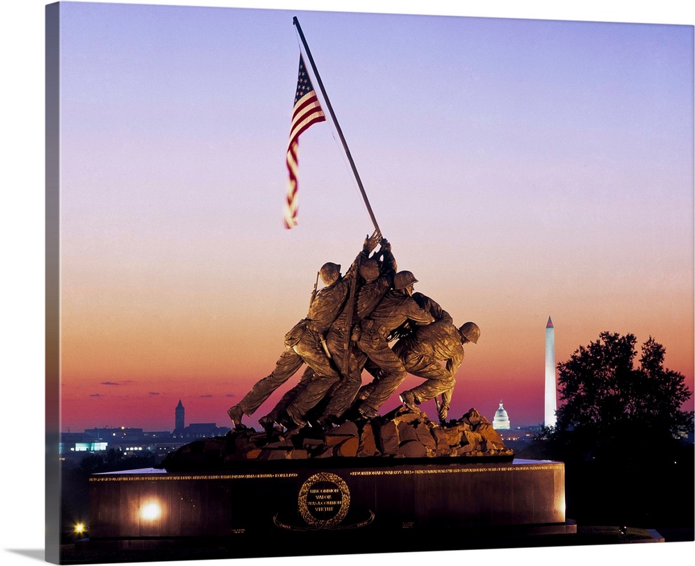 Iwo Jima Memorial at dawn, Washington Monument, Washington DC, USA