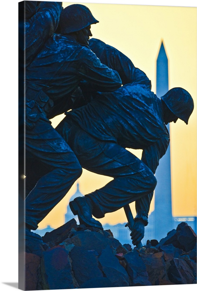 Iwo Jima Memorial at dusk with Washington Monument, Arlington National Cemetery