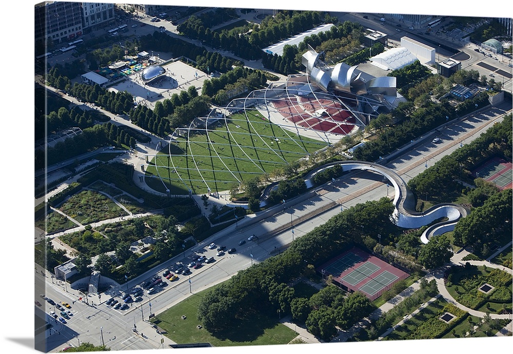 Aerial view of a park, Jay Pritzker Pavilion, Millennium Park, Grant Park, Chicago, Cook County, Illinois, USA