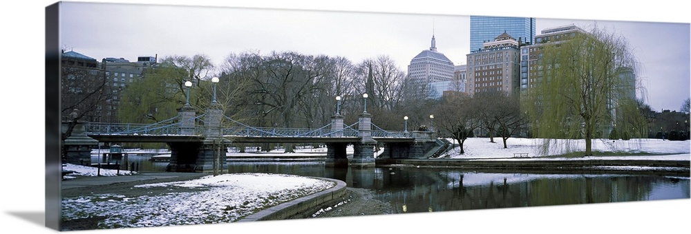 Panoramic photo print of a snowy portion of Boston near a waterfront.