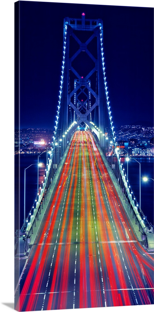 Light trails on Bay Bridge at night, San Francisco, California, USA