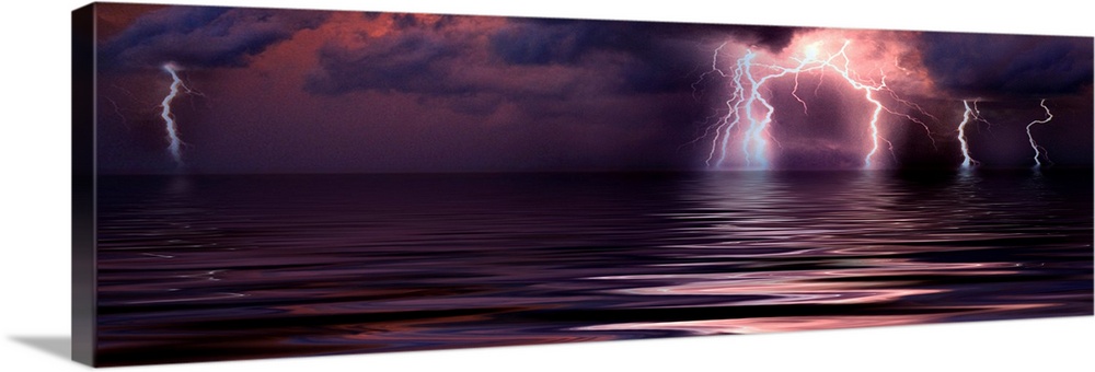 Panoramic wall art of a photograph capturing a storm over the ocean at the moment lightening is striking the water.