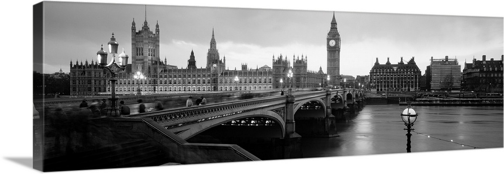 Panoramic view Westminster Bridge over the River Thames, Big Ben and Westminster Palace in London, England.