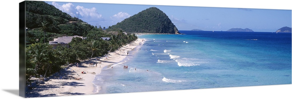 Panoramic photo of an ocean meeting a white sand beach with tropical vegetation.
