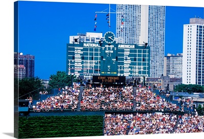 Long view of scoreboard and full bleachers, Wrigley Field, Illinois