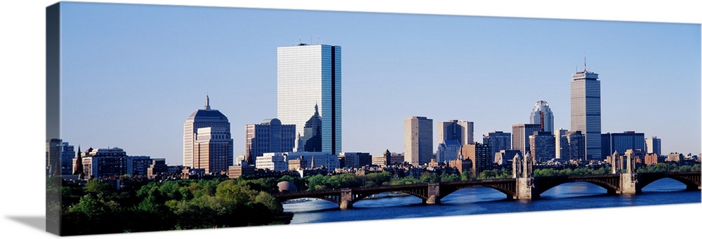 Giant, landscape photograph of Longfellow Bridge in front of the Boston skyline in Massachusetts.