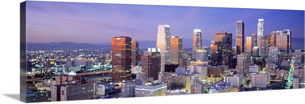 This large panoramic piece shows many of the skyscrapers in downtown Los Angeles during dusk.