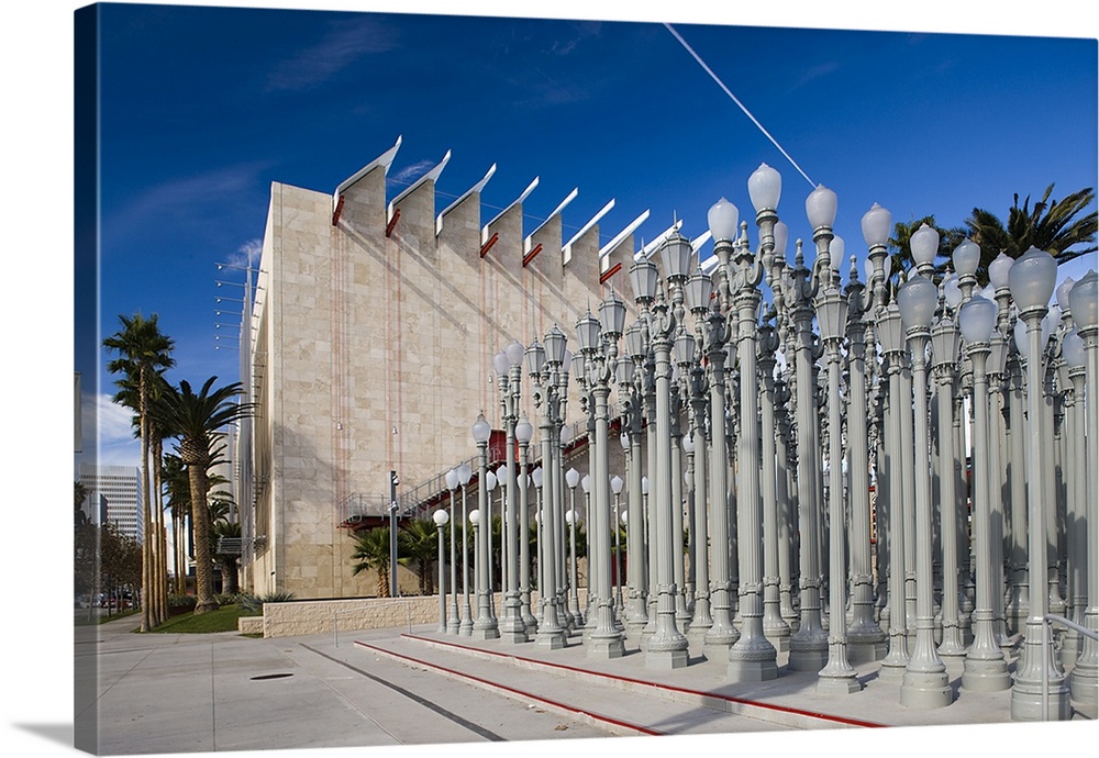 USA, California, Los Angeles, Miracle Mile District, Los Angeles County Museum of Art, LACMA, BP entrance with Urban Light...