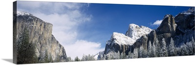 Low angle view mountains, Bridal Veil Falls Yosemite, El Capitan, Yosemite National Park, California