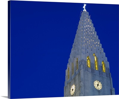 Low angle view of a clock tower of a church, Hallgrimskirkja, Reykjavik, Iceland