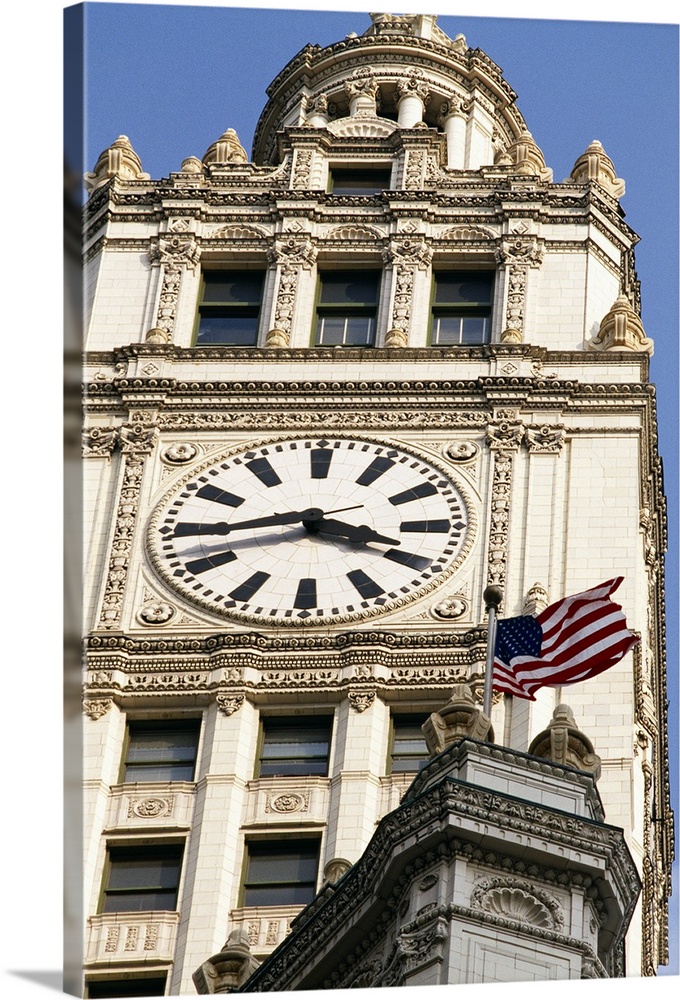 Low angle view of a clock tower, Wrigley Building, Chicago, Illinois