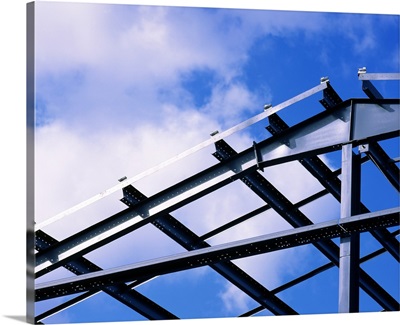 Low angle view of a steel framework for a warehouse under construction