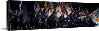 Low angle view of banners hanging in a cathedral, Westminster Abbey, Westminster, London, England