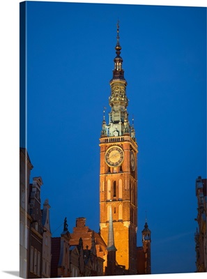 Low angle view of clock tower of city hall at Dlugi Targ, Gdansk, Poland