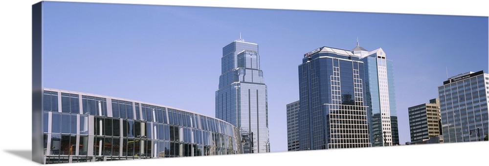 Low angle view of downtown skyline, Town Pavilion, Kansas City, Missouri, USA 2012